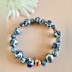 New Blue & White Ceramic Beaded Bracelet w/ Faceted Copper Accents - 8”